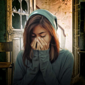 ಭಾವುಕವಾಗಿ ಬಲಿಷ್ಠವಲ್ಲದ ಯುವತಿ ದುಃಖದಿಂದ ಮುಖವನ್ನು ಕೈಗಳಿಂದ ಮುಚ್ಚಿಕೊಂಡಿರುವ ಫೋಟೋ. 